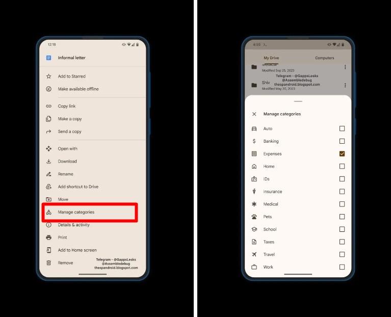 外媒曝光Google 雲端硬碟測試的「檔案分類」新功能，提供12個預設的類別項目。（圖翻攝 TheSpAndroid）