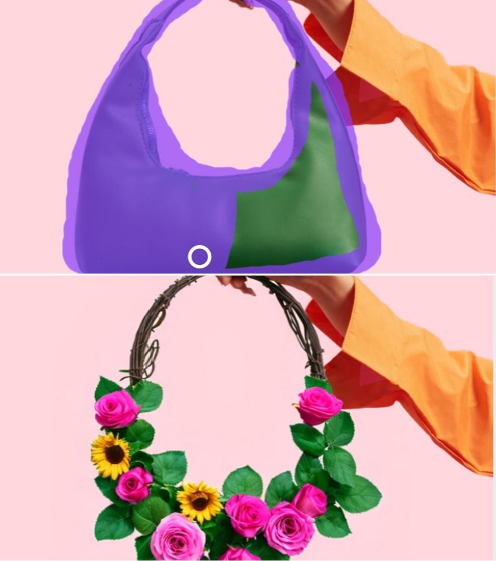 簡單幾個步驟就能將包包（上）替換成玫瑰向日葵花圈（下）。Canva線上設計平台AI工具，提供30天免費試用，月付14.99美元起。