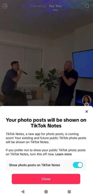 TikTok近期向用戶發出「你的照片將會在TikTok Notes上展示」的通知訊息。（圖翻攝Socialmediatoday)
