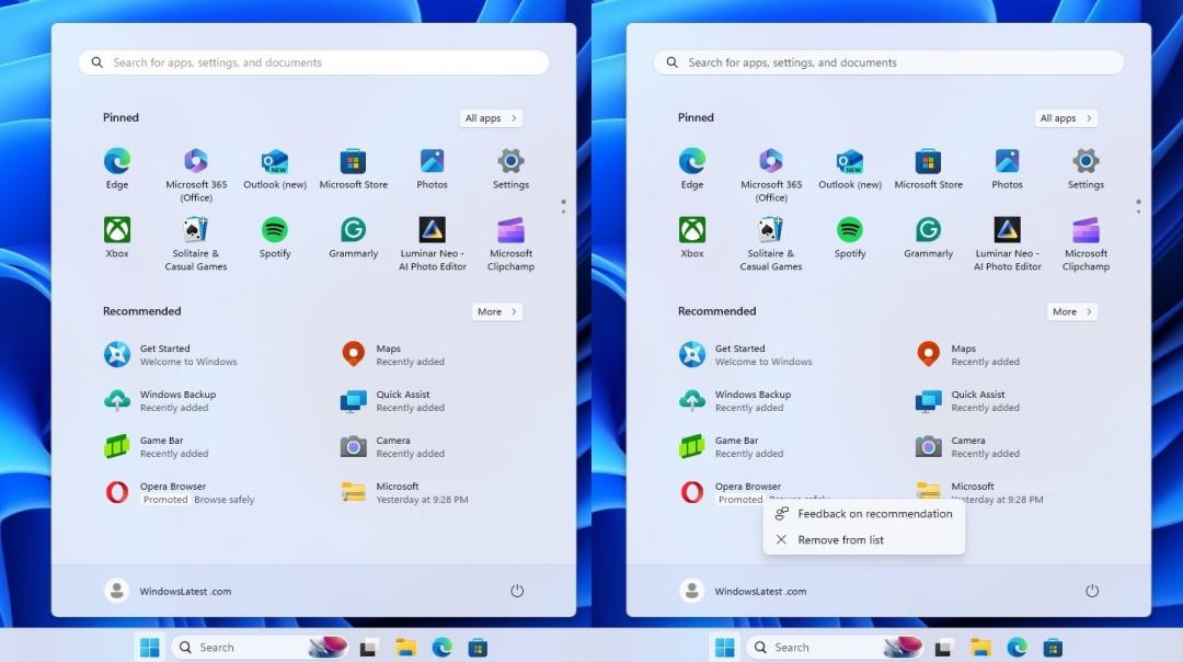 Windows 11 開始選單的下半塊區域出現來自Microsoft Store應用商城第三方應用程式的廣告推薦。(圖翻攝 Windowslatest)