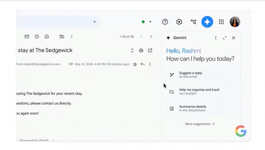  Gmail加入AI側邊欄新功能。（圖翻攝Google I/O開發者大會）