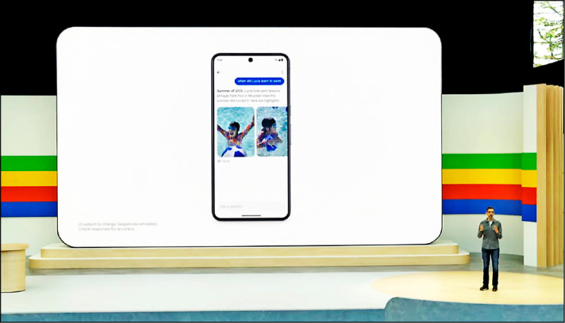 整合Gemini模型的Google相簿,新增AI提問的搜尋功能,可協助快速找到需要的照片。(翻攝Google開發者大會直播影片)