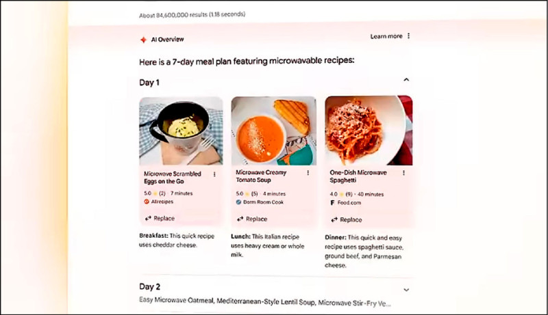 Google搜尋引擎的「AI Overviews」新功能,率先向美國用戶推出,預計年底前在全球其他地區上線。(翻攝Google開發者大會直播影片)