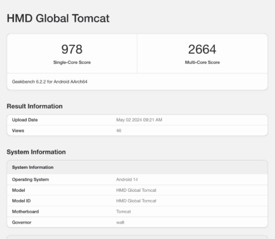 代號為「HMD Tomcat」新機的效能跑分測試成績於Geekbench 流出。(圖翻攝Geekbench)