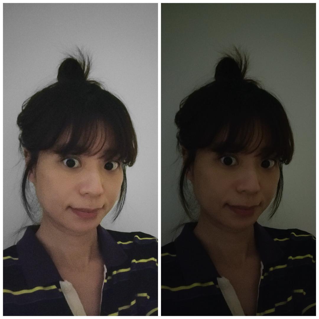 AI夜拍人像修復:讓低光環境下拍攝的模糊自拍照片變清晰。刻意在極度黑暗的空間實測,讓大家看看效果。(記者吳佩樺攝)