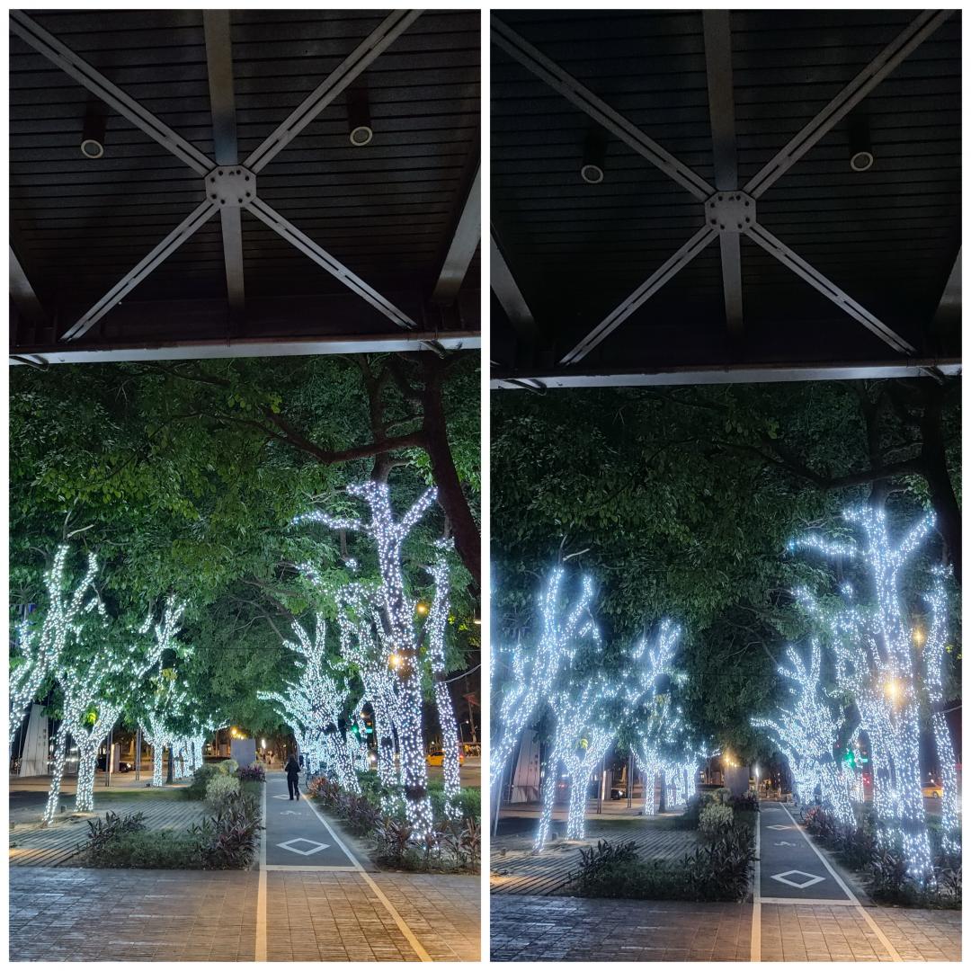 U24 pro主相機的夜拍表現提供更好的細節度,呈現出燈光的立體感,不會模糊一片。U24 pro:左、 U23 pro:右。(記者吳佩樺攝)