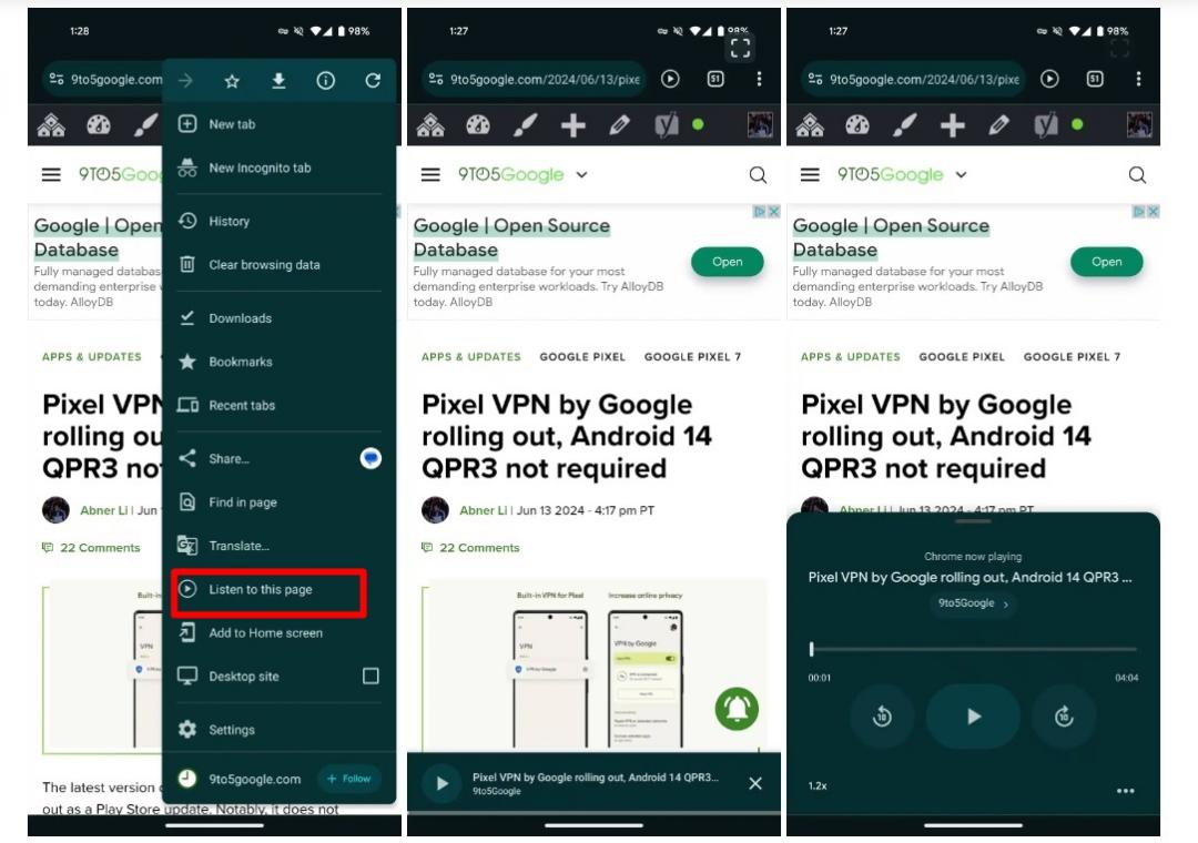 Google 手機版Chrome 125加入「朗讀這頁內容」功能,可念整篇網頁文字給你聽。(圖翻攝9to5Google)