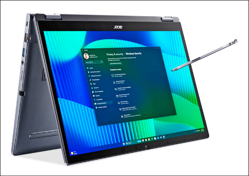 宏碁TravelMate系列商務筆電配備全新AI功能。圖為可翻轉的TravelMate P4 Spin，售價42,900元起。