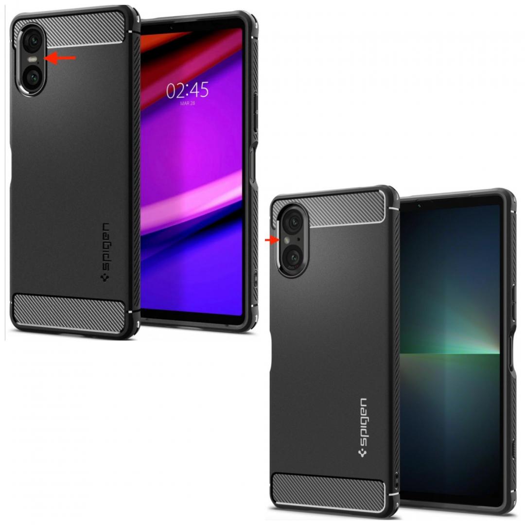 Sony Xperia 5 VI(左)保護殼顯示LED閃光燈變大顆,以及疑似取消經典實體快門鍵。對比Xperia 5 V(右)。(圖/翻攝Gsmarena)