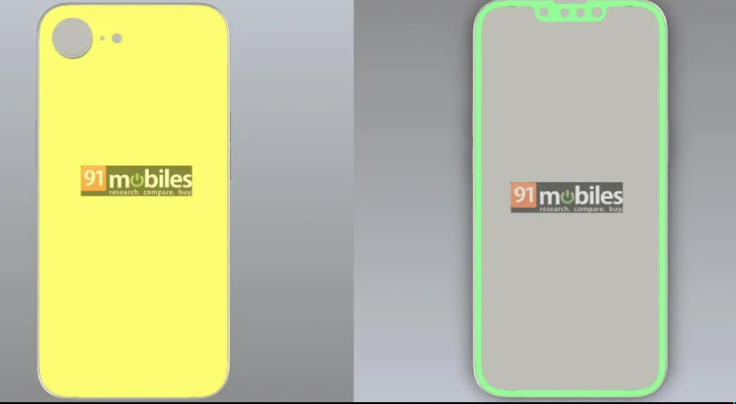 新一代iPhone SE流傳的渲染圖,背後仍維持單鏡頭,將會升級至4800萬畫素,正面則與iPhone 13相似。(圖/翻攝91mobiles)