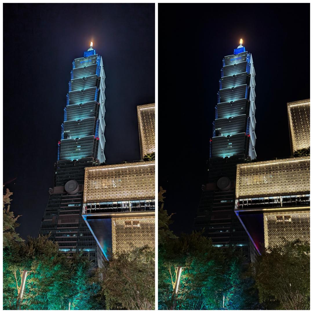 廣角夜拍:Google Pixel 9 Pro XL(左)、蘋果iPhone 15 Pro Max(右)。(圖/記者吳佩樺攝)