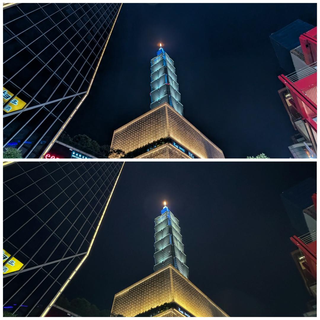 超廣角夜拍:Google Pixel 9 Pro XL(上)、蘋果iPhone 15 Pro Max(下)。(圖/記者吳佩樺攝)