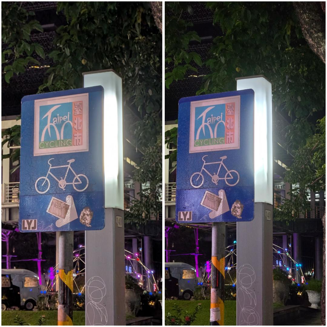 3倍光學變焦夜拍:Google Pixel 9 Pro Fold(左)、三星ZFold6(右)。(圖/記者吳佩樺攝)