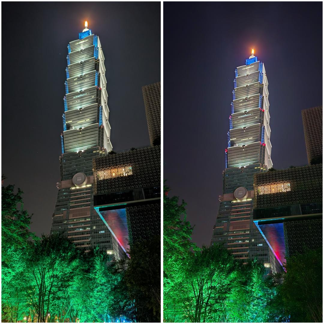 廣角夜拍:Google Pixel 9 Pro Fold(左)、三星ZFold6(右)。(圖記者吳佩樺攝)