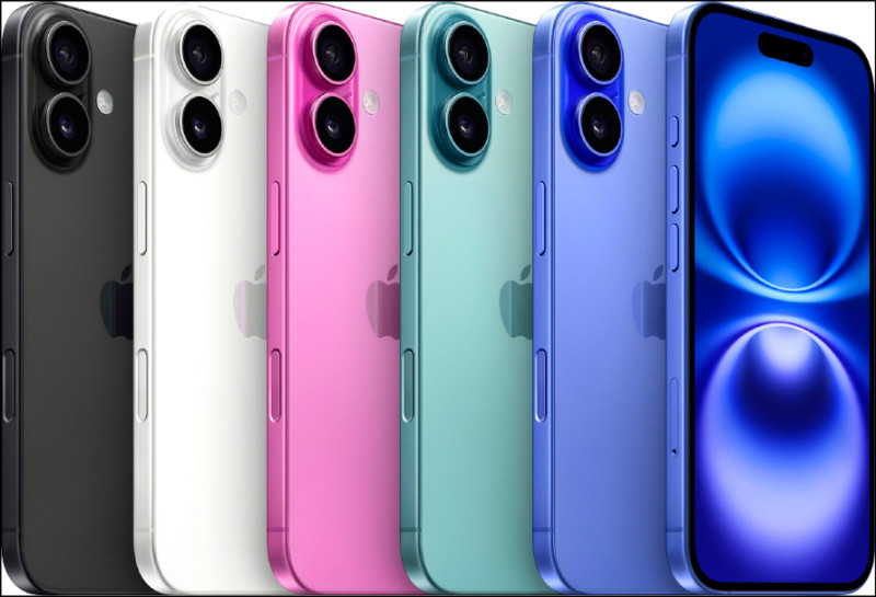 iPhone 16和iPhone 16 Plus提供五色選擇,包含黑(左起)、白、粉紅、湖水綠和湛海藍,售價29,900元起。