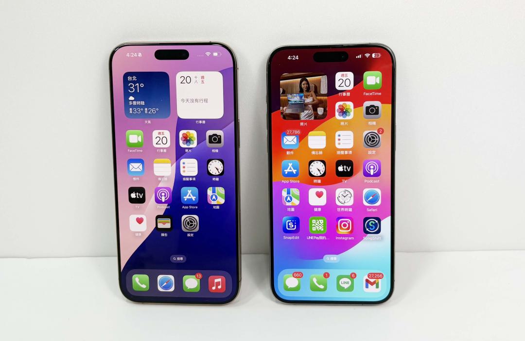 iPhone 16 Pro Max（左）雖然螢幕增大，但機身尺寸沒比iPhone 15 Pro Max大太多。（圖／記者吳佩樺攝）