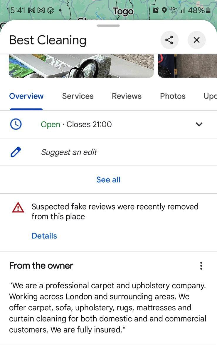 嚴厲處罰將會在Google Maps上公開顯示，店家有假評論被刪除。（圖／翻攝網路）