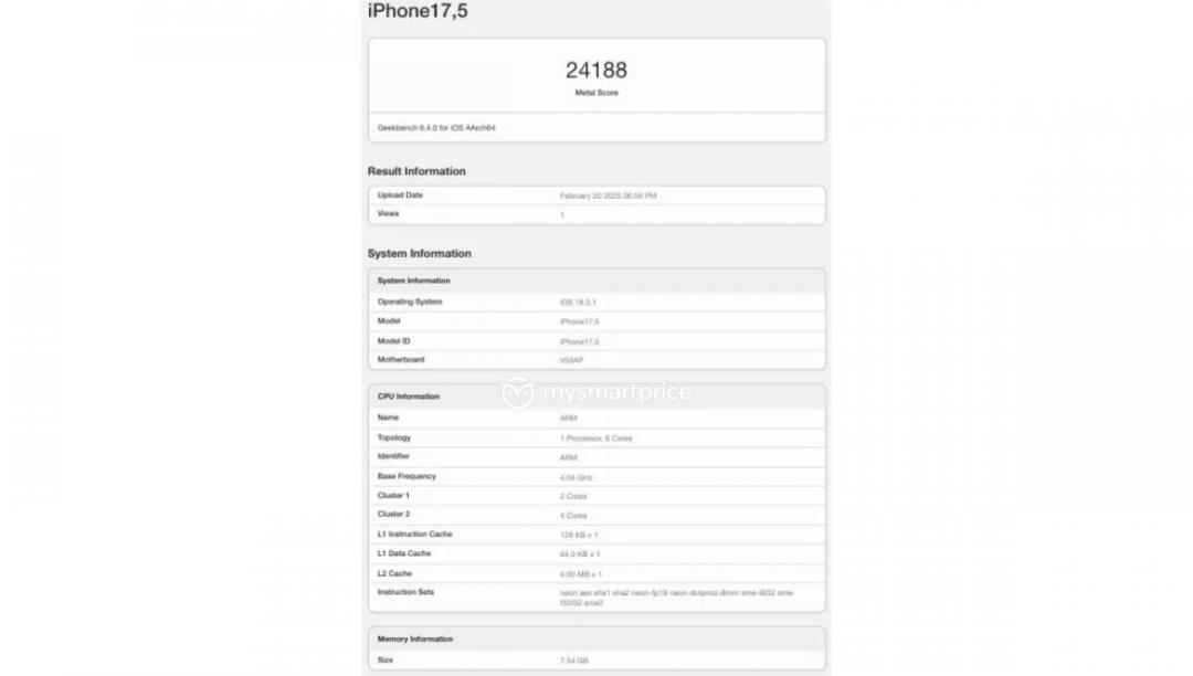 Geekbench網站已經出現
iPhone 16e的GPU效能跑分。（圖／翻攝網路）