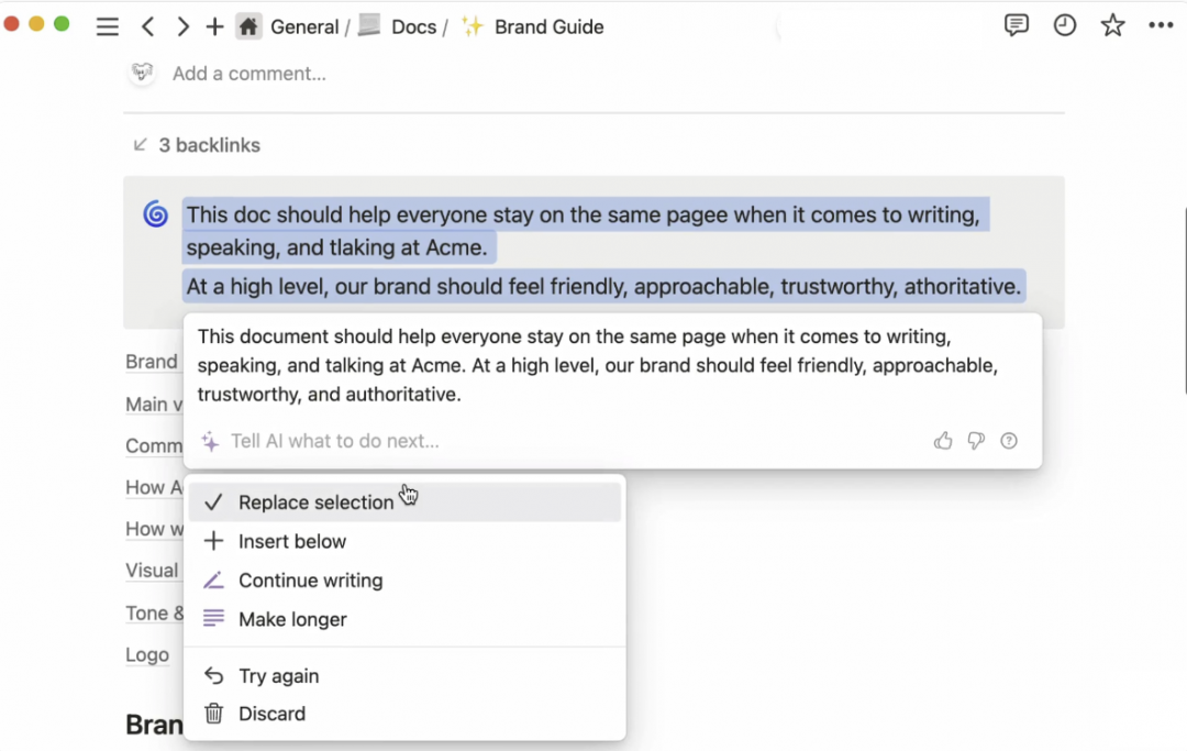 筆記軟體加入AI可協助重新改寫特定段落，讓語句更加通順，甚至能夠變換風格。