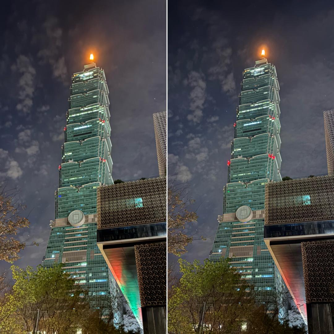 主相機夜拍：iPhone 16e (左)、iPhone 16（右）。（圖／記者吳佩樺攝）