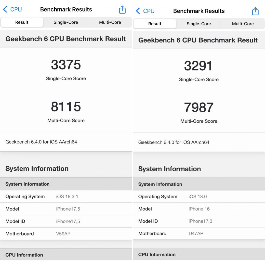 A18晶片的CPU效能測試：iPhone 16e (左)、iPhone 16（右）。（圖／記者吳佩樺攝）