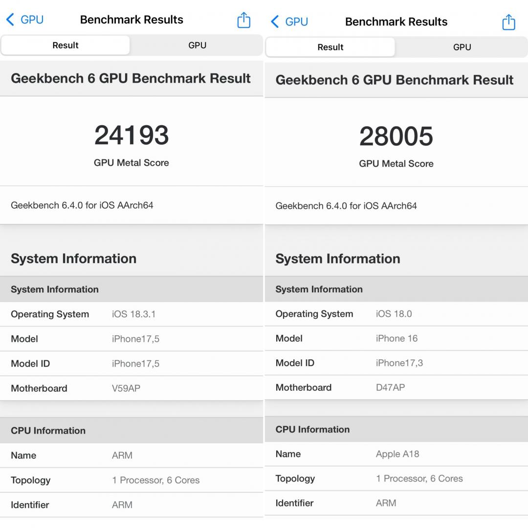 A18晶片的GPU效能測試：iPhone 16e (左)、iPhone 16（右）。（圖／記者吳佩樺攝）