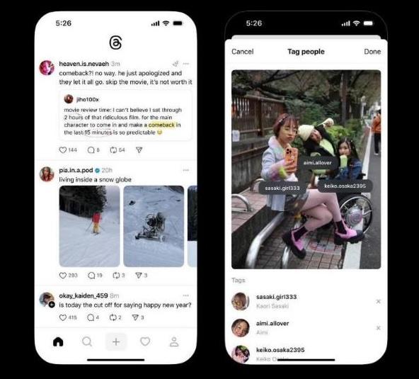 Threads宣布新功能，例如發照片可直接標註朋友、標記串文重點。（圖／Meta）