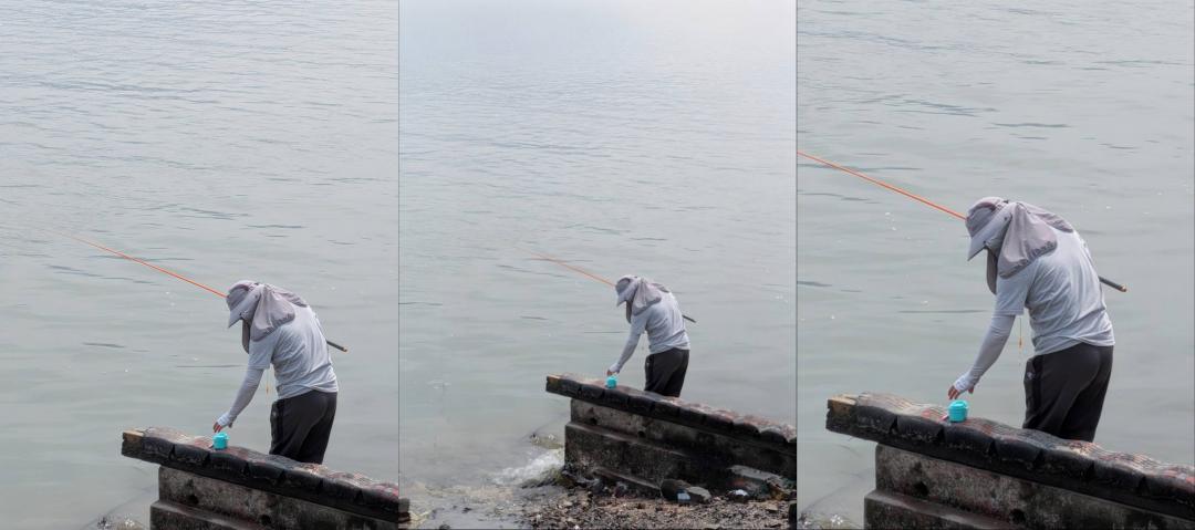 Pixel 9a 內建「自動構圖修正」,會有經過攝影訓練的 AI 來協助調整構圖。最左邊的是原始照片,可以經由生成式 AI 去擴張背景,達到中間更廣視野的照片,也可以如右邊照片,由 AI 來選擇更好的照片裁切範圍,使照片更為聚焦。