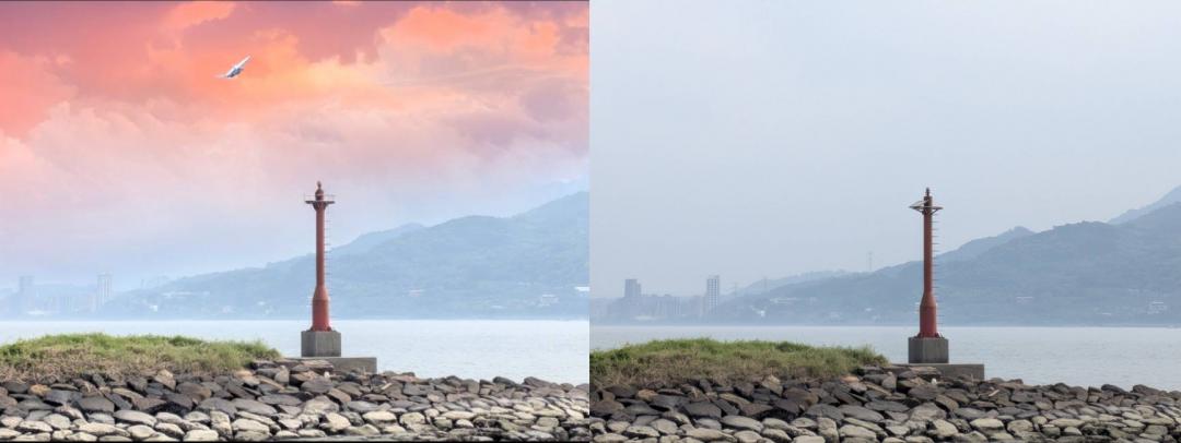 AI 也可以讓你發揮想像力!內建的「再想像」功能,允許用戶以文字敘述來替照片加入生成不同的元素,例如右邊這張是原始圖片,實測下達「想要有黃昏的氛圍,並且要有飛機呼嘯而過」,就可以達到左邊這張照片。