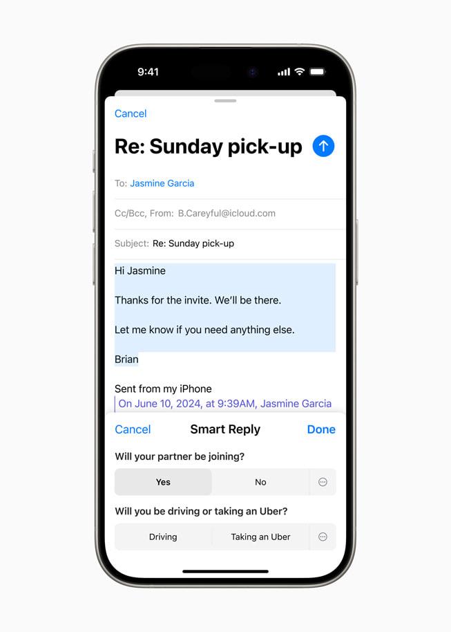 透過Apple Intelligence,用戶可以讓AI迅速針對郵件內容撰寫回信。