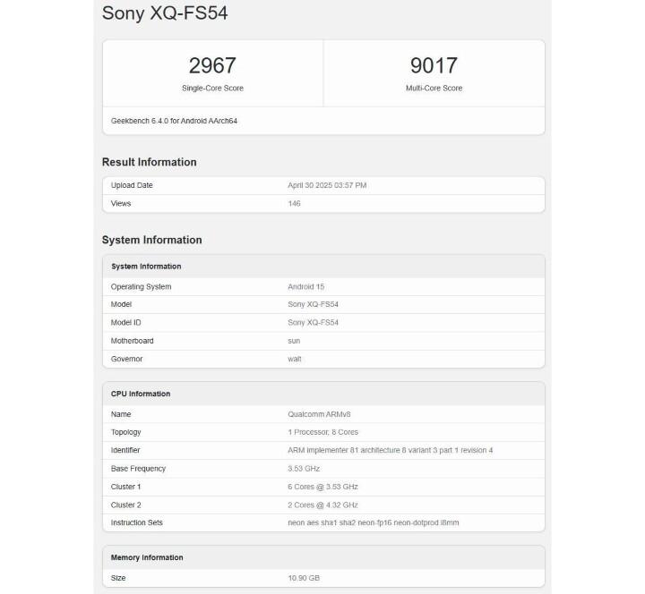 Sony Xperia 1 VII現身跑分網站。(圖/翻攝網路)