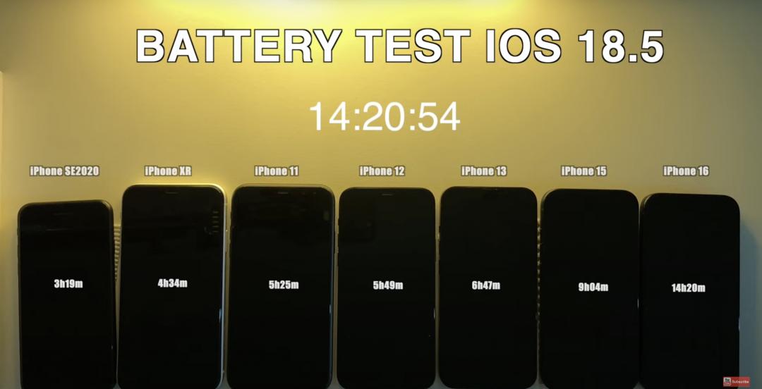 iOS 18.5續航實測結果。(圖/翻攝YT)