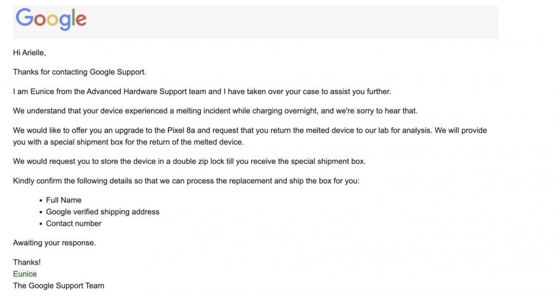 該名網友收到Google事件表示，會提供補償Pixel 8a。 （圖／翻攝Android Authority）
