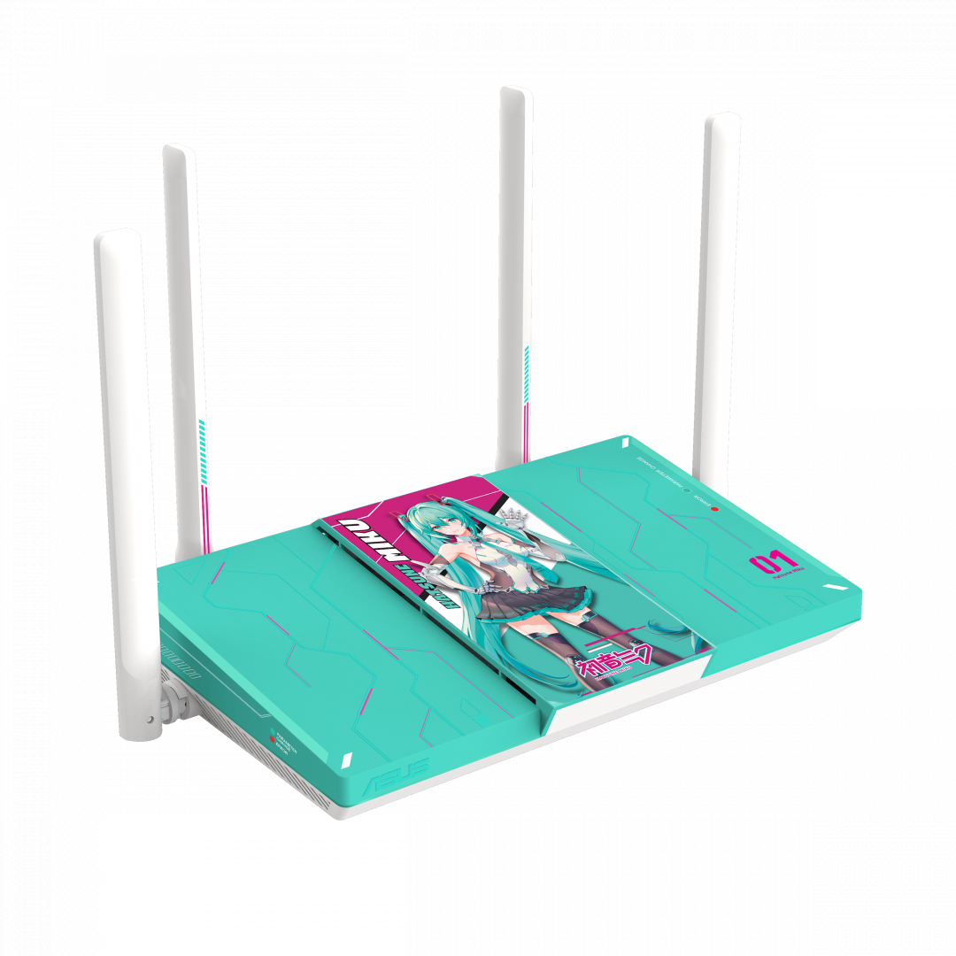 ASUS RT-BE3600M WiFi 7路由器初音未來特別版：揉合一貫機械裝甲美學和蒼綠、粉紅初音經典配色；上蓋另精心採用3D雙變卡，只要移動視角，就會看見初音未來的不同樣貌，搭配隨附的立繪天線掛件，細節滿滿。
