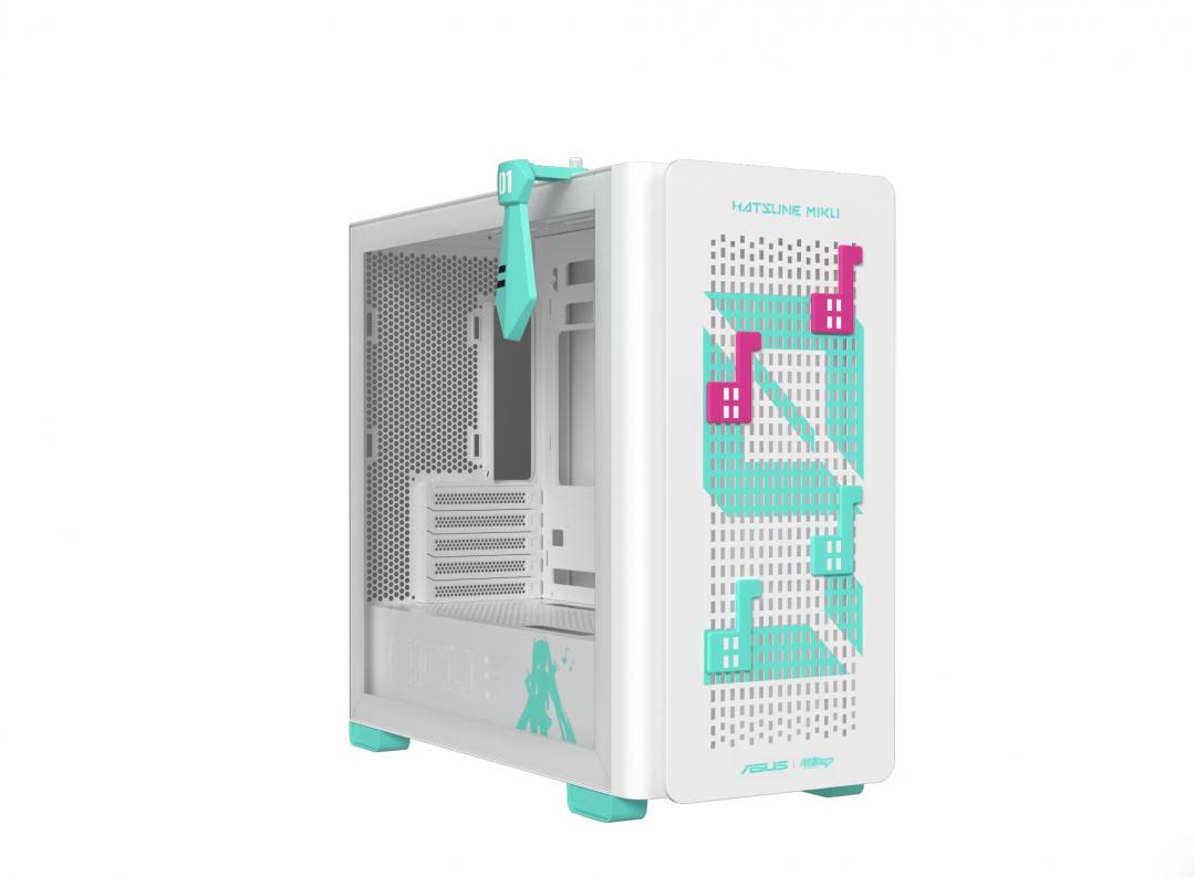 ASUS A23機殼初音未來特別版：標配了代表初音的蒼綠和粉紅裝飾，再加上其領帶造型的耳機掛架，以及跳色腳座設計。