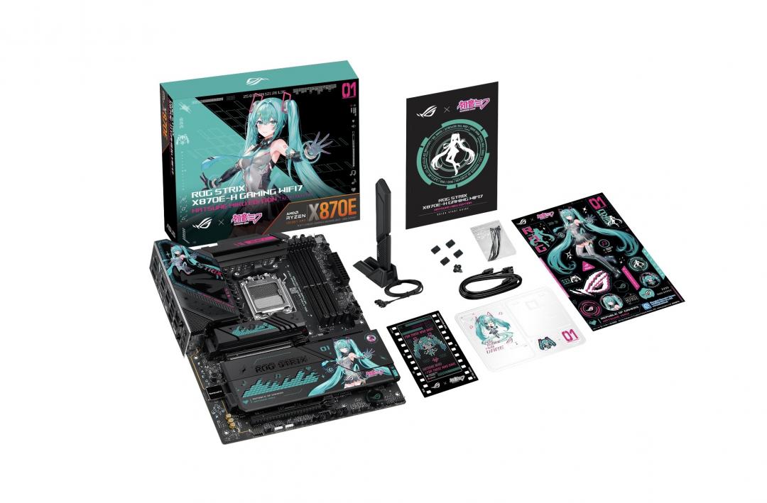 ROG Strix X870E-H Gaming WiFi 7初音未來特別版：此款主機板以初音未來經典代表色「蒼綠」、「粉紅」為基調，搭配VRM散熱器與背面的專屬主題設計，淋漓展現極具視覺衝擊的別緻美感；再加上獨家Polymo Lighting多模式照明系統、Aura Sync燈效，可依個人喜好自訂RGB燈光，與其他ROG裝置同步，打造風格更趨一致的個人組裝機。

