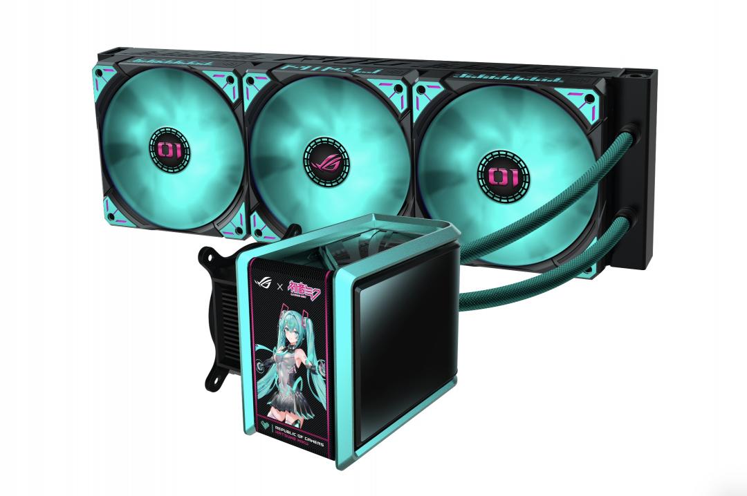 ROG Ryuo IV 360 ARGB初音未來特別版：ROG Ryuo IV 360初音未來特別版一體式水冷散熱器，外觀完美演繹初音未來的鮮明形象，內建6.67吋2K AMOLED曲面螢幕，可顯示系統資訊並支援裸視3D影像播放；而低阻抗、高效能幫浦，以及兼具高風量與靜壓的串聯式ARGB風扇，則能提供強大散熱；搭配正面、側邊雙向燈效，十分酷炫。
