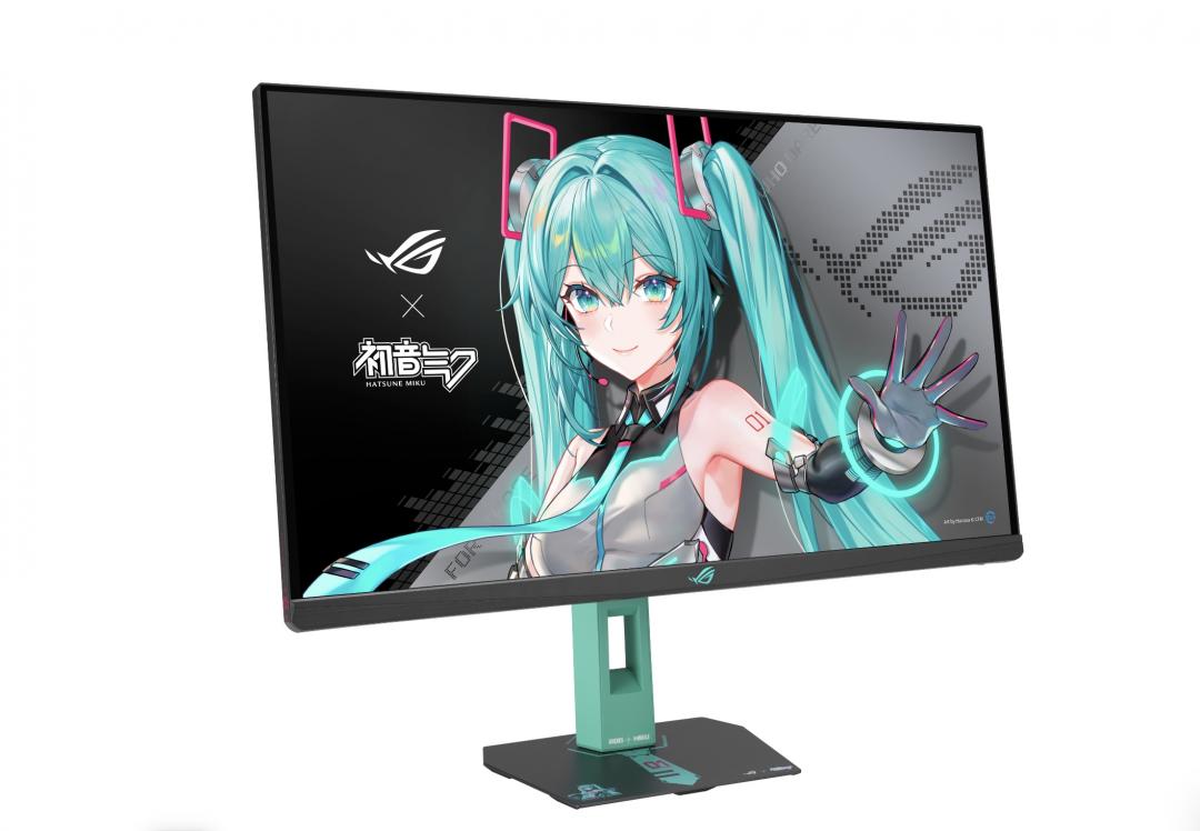 ROG Strix XG27ACMEG-G初音未來特別版：此為一款27吋1440p電競螢幕，其背蓋結合散發青藍輝光的ROG無懼之眼、內斂又狂野的線性圖騰，還有初音左肩上的「01」標識等象徵元素，搭配超吸睛的「蒼綠」與「黑」撞色支架和基座、專屬OSD介面，聯名氣勢十足。
