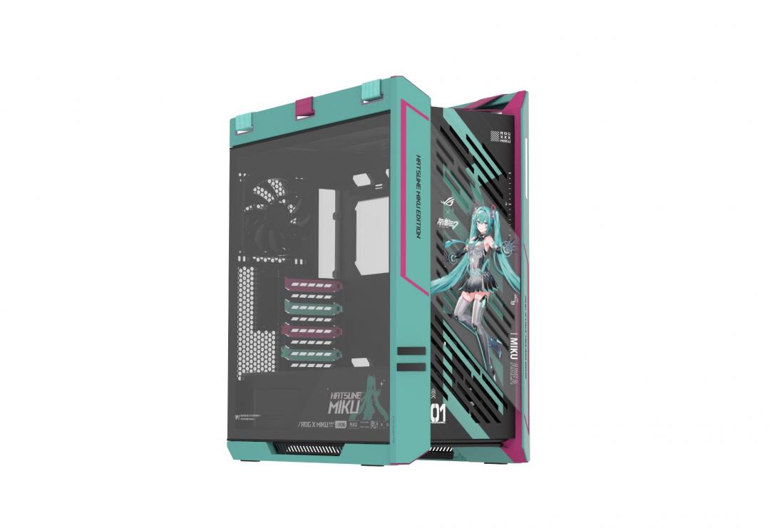 ROG Strix Helios II初音未來特別版：自2019年上市至今，仍廣受玩家青睞的ROG首款中塔式電競機殼，在本次聯名中也推出新一代特別版「Strix Helios II」，其前方鋁合金鑽石格柵，全面展示初音未來獨家插畫，藍綠與粉紅配色在酷黑機身上更引人注目；而富饒未來感的機身，加上ROG、「01」標誌畫龍點睛，亦強化整體視覺語言。
