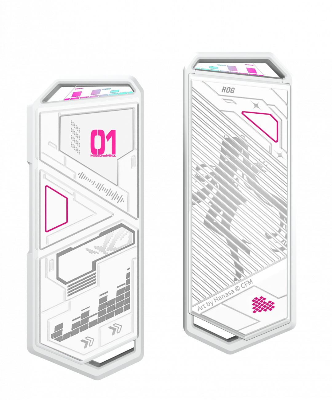 ROG Strix Arion SSD初音未來特別版：融合蒼綠、白、粉三種配色的ROG Strix Arion SSD初音未來特別版SSD外接盒，外觀除延續一般版的電路圖元素，另具備初音「01」ID、聲波紋理與剪影線條插畫；同時，專屬攜帶還印有聯名標誌，再加上鍍鉻R型掛勾，十分吸睛。
