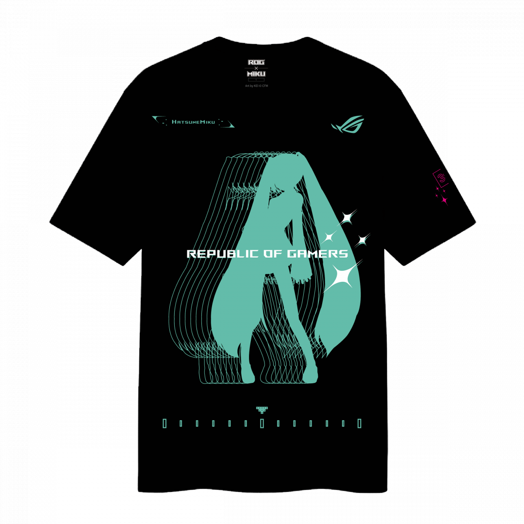 ROG初音未來特別版系列T恤：ROG初音未來特別版系列T恤共有2款，均以Sorona植物性高性能材質製成。其中一款正面混搭科技感濃厚的ROG圖樣和初音配色，背面留有反光印刷的「01」標記；另一款則是以簡約幾何線條，以及「0」、「1」數碼字體相互交織，呼應初音虛擬次元。
