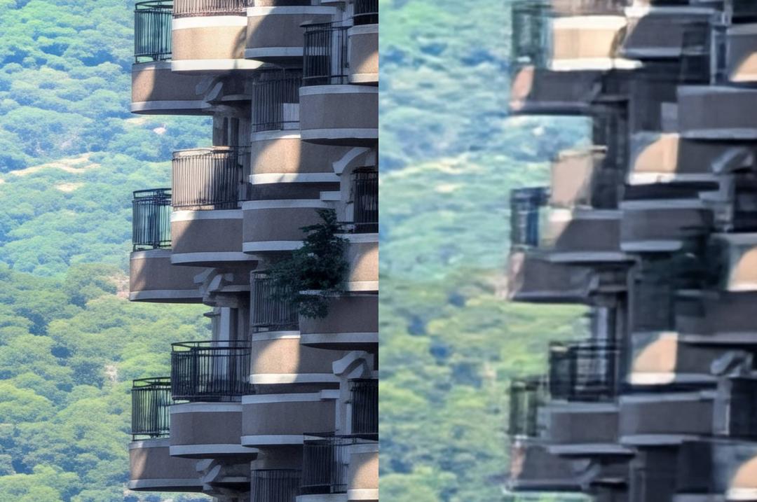 左為 AI 修正後的結果,右為 100 倍變焦的原始畫面。