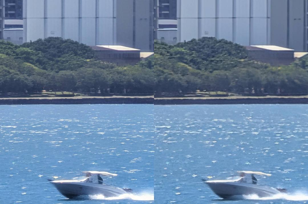 左為 AI 修正後的結果,右為 100 倍變焦的原始畫面。