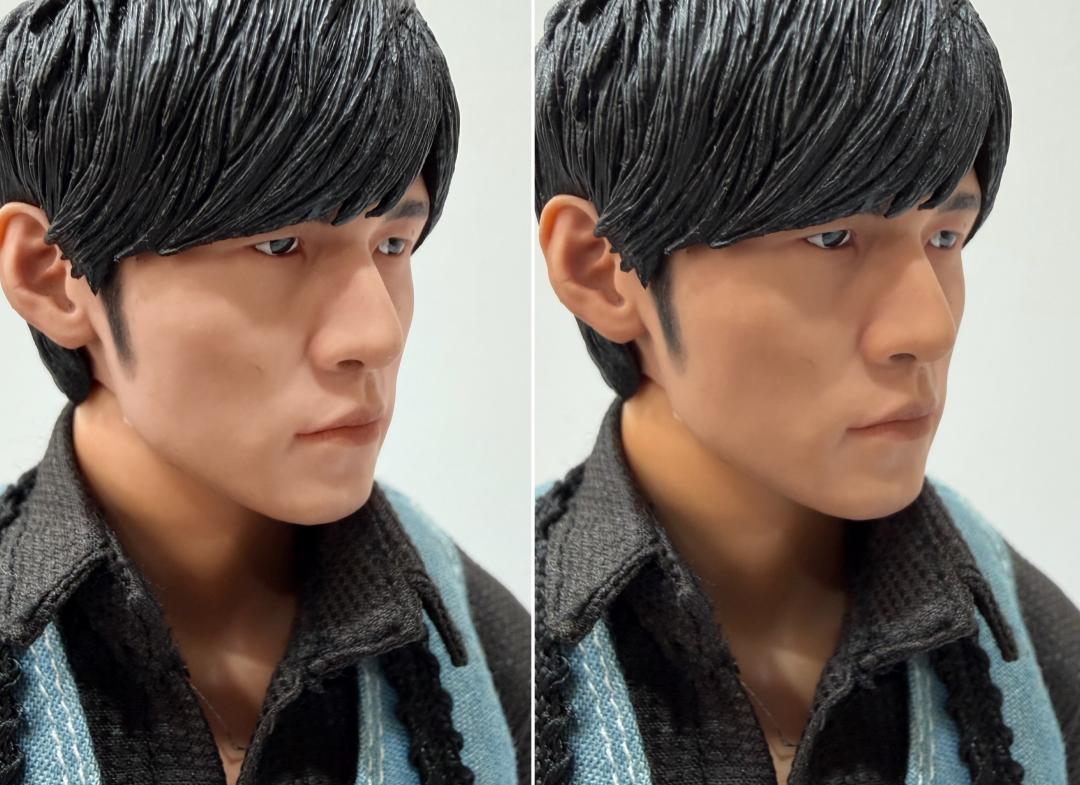 全新的明亮攝影風格，可拍出白皙肌膚，以公仔實測就能看出明顯差別。左：明亮、右：標準。（圖／記者吳佩樺攝）