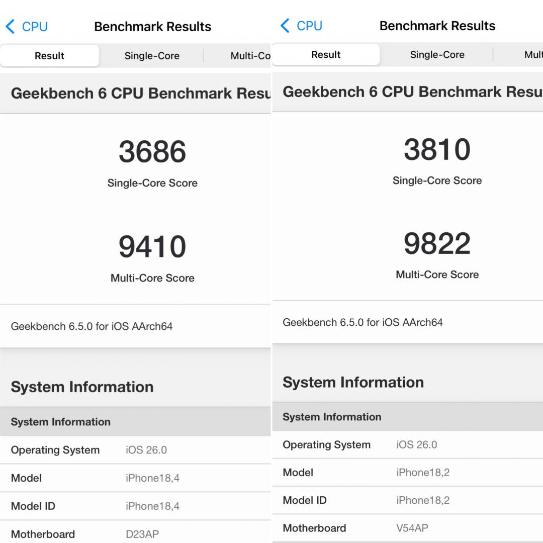 根據跑分，IPhone Air搭載A19 Pro晶片，其CPU效能跟iPhone 17 Pro系列差不多。（圖／記者吳佩樺攝）