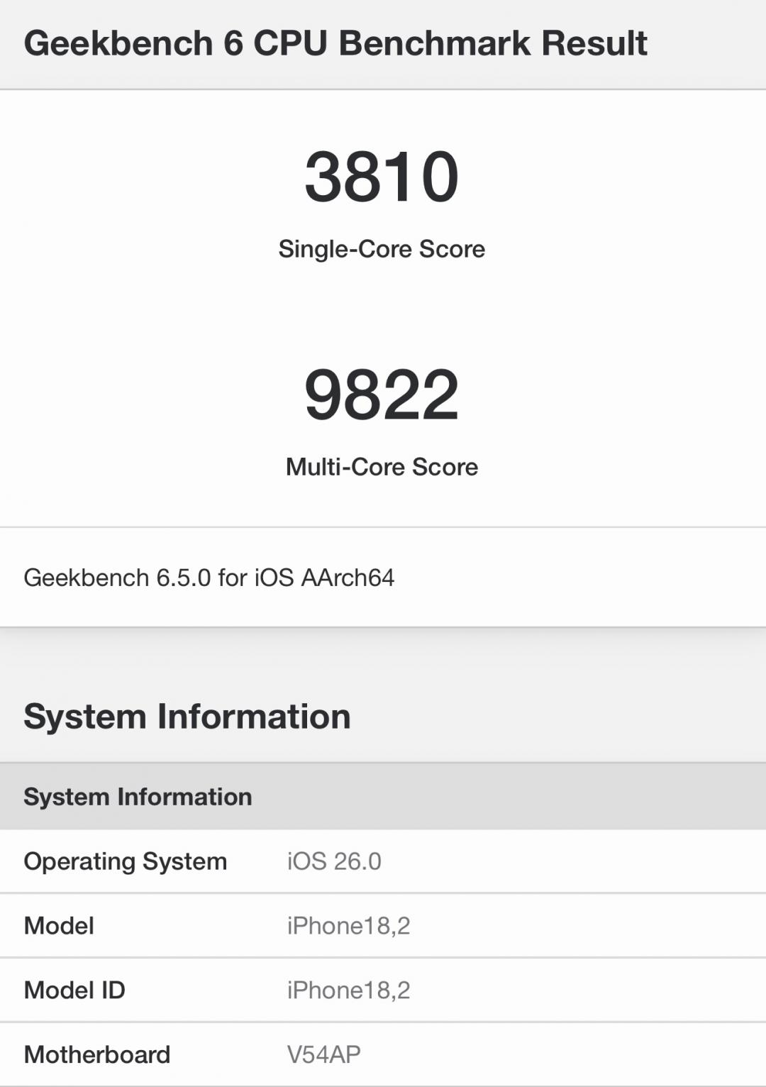此為iPhone 17 Pro Max
--實測iPhone 17 Pro Max的CPU效能跑分,單核得分3,810、多核9,822;Google Pixel 10 Pro XL則為單核2,272、多核6,104,存在明顯差距。