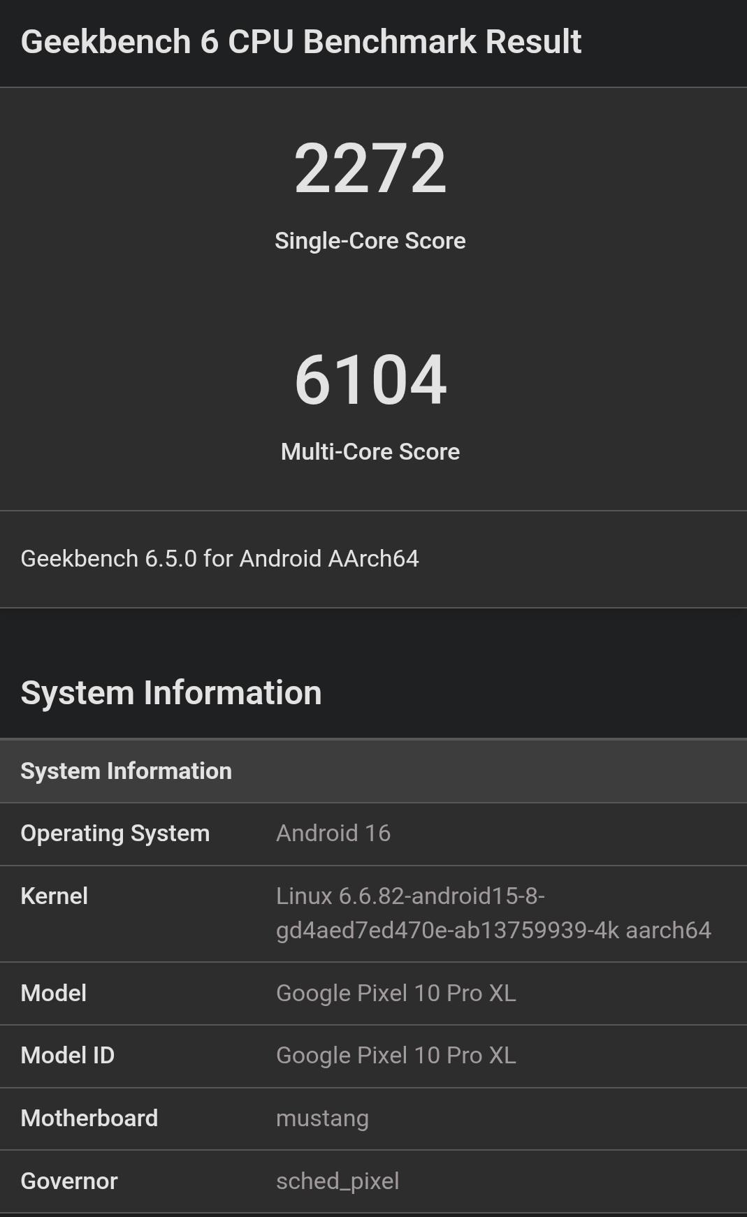 此為Pixel 10 Pro XL
--實測iPhone 17 Pro Max的CPU效能跑分,單核得分3,810、多核9,822;Google Pixel 10 Pro XL則為單核2,272、多核6,104,存在明顯差距。