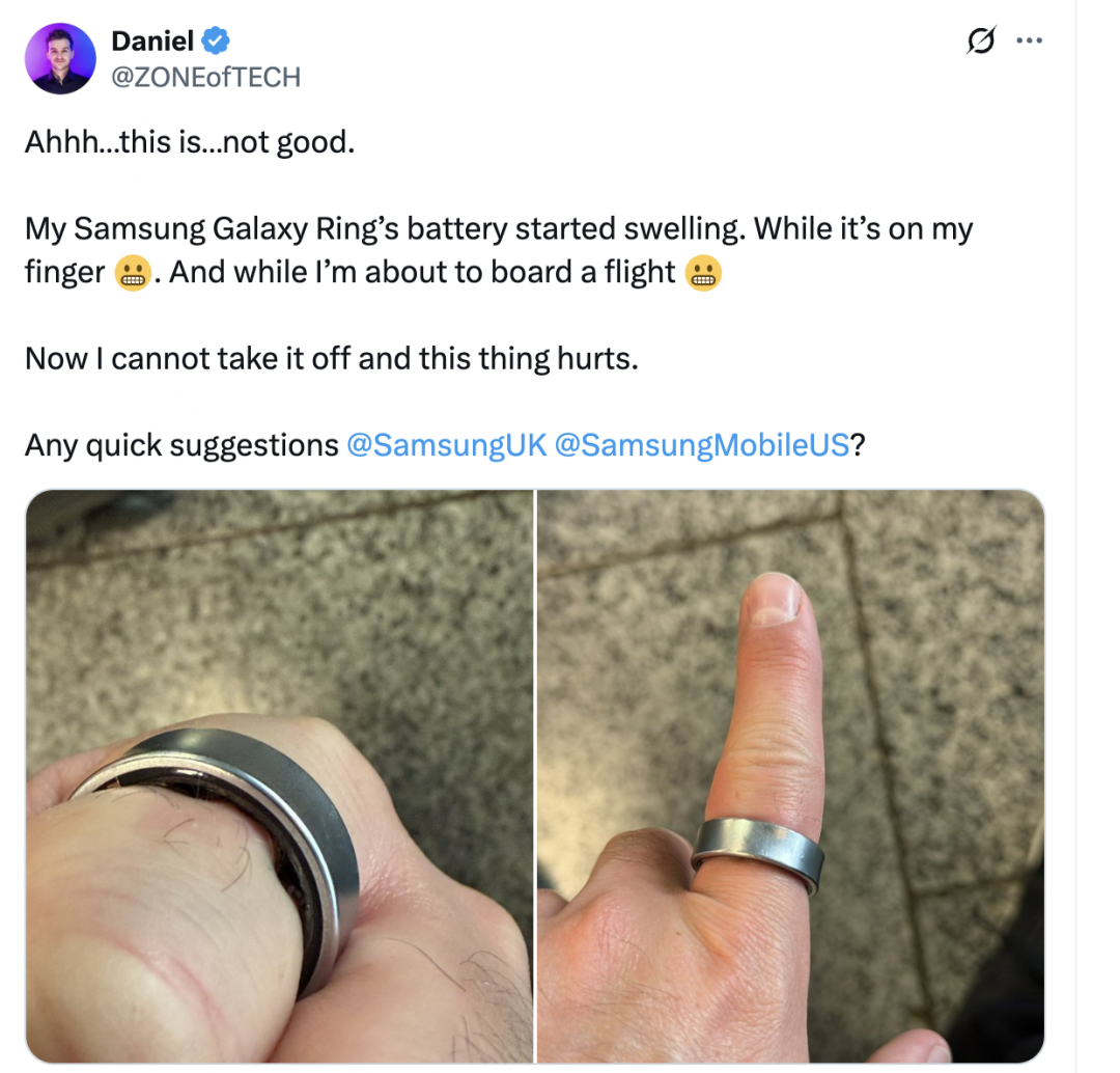 一名名YouTuber Daniel Rotar發文，抱怨自己的Galaxy Ring電池膨脹驚魂記。（圖／翻攝Ｘ）