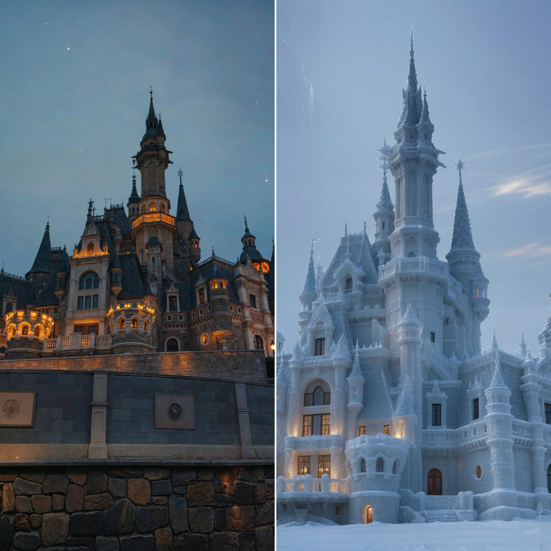 AI風景功能可拍出許多趣味照片，像是左為夜幕效果、右為雪鄉。（圖／記者吳佩樺攝）