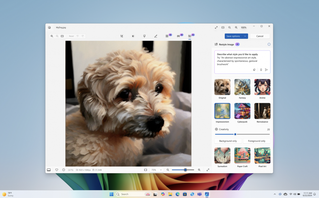 Windows 11裡的Cocreator功能只要用文字描述想要的圖像內容,就會有AI自動進行生成。